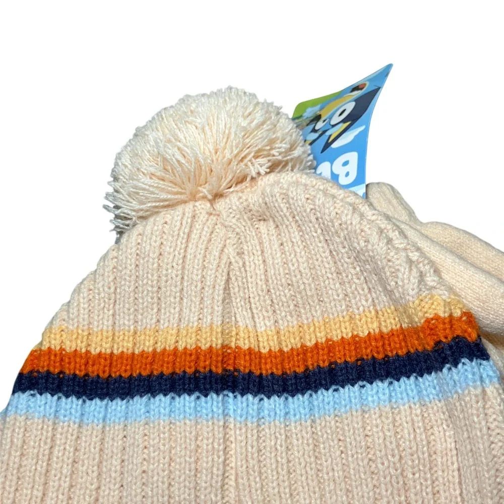 Bluey Knit Beanie Set Kids One Size Off White NEW Pom Hat Mittens Striped 2pc